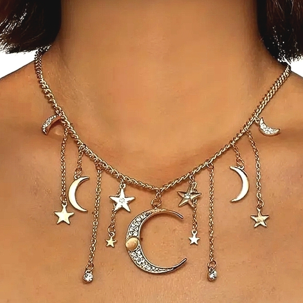 Necklace Moon Stars Silver - Gold Tone  Celestial Bohemian astronomical Jewelry